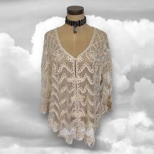 Vintage Y2K Boho Cream Bell Sleeve Crochet Lace Mesh Top Swim Cover Up Robe